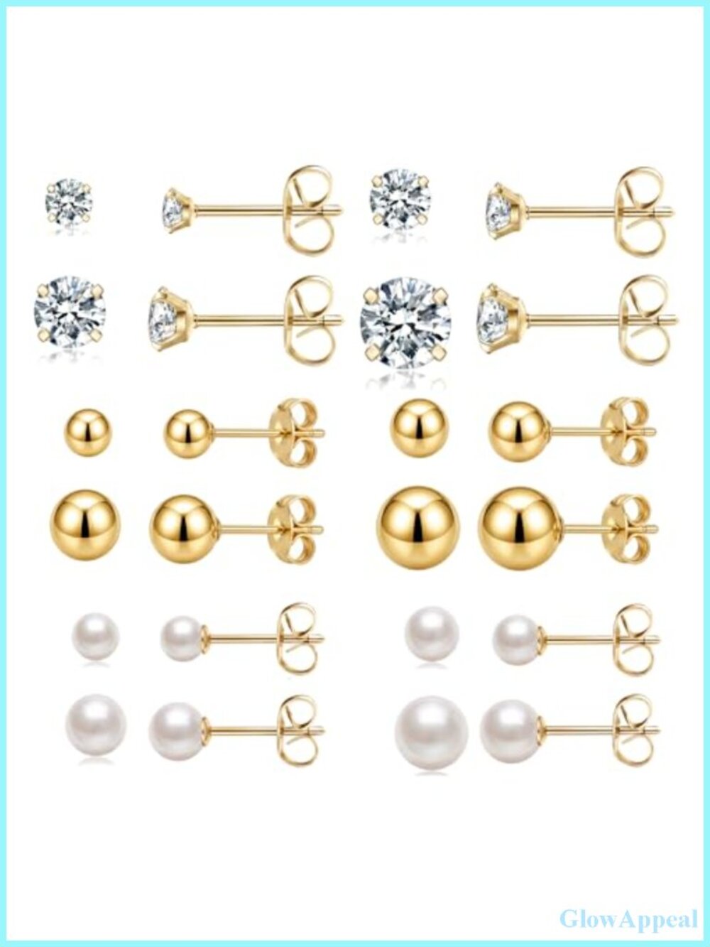 12 Pair 14K Gold Plated Stud Earrings Set Hypoallergenic CZ Pearl & Ball